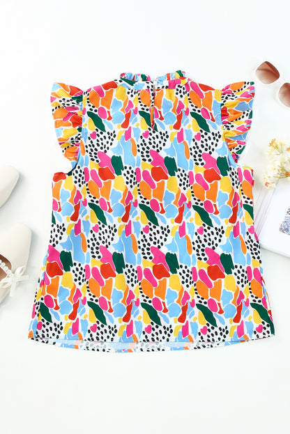 Top met hoge hals en fladdermouwen met veelkleurige abstracte print