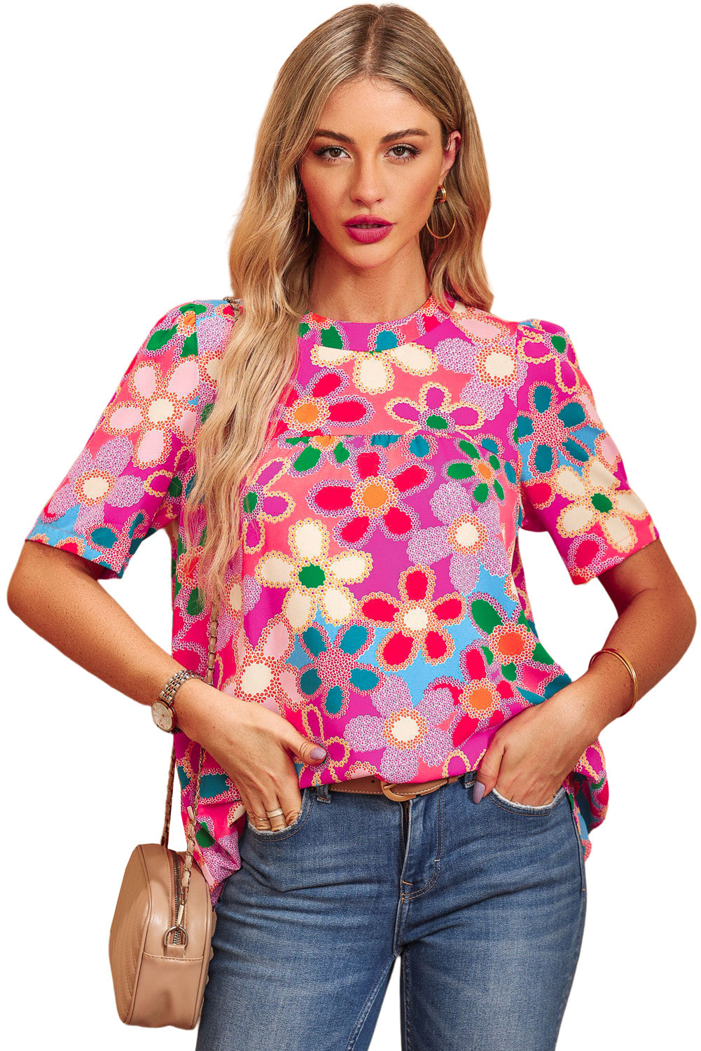 Paarse boho bloemenprint top met korte mouwen en bladerdeeg
