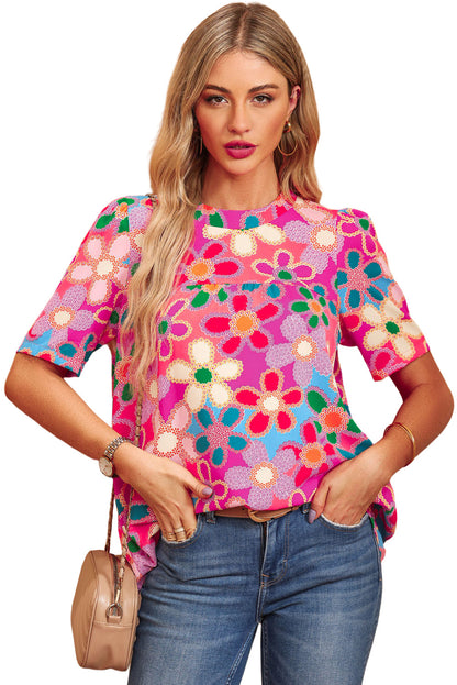 Paarse boho bloemenprint top met korte mouwen en bladerdeeg