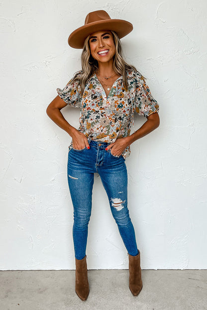 Veelkleurige blouse met split en V-hals, pofmouwen en bloemenprint