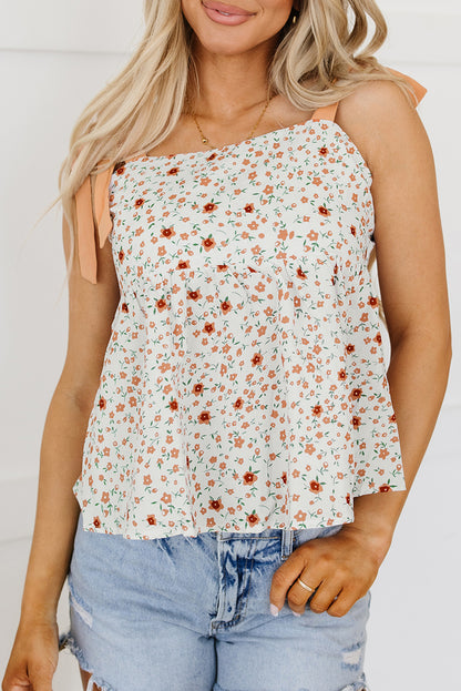 Witte babydoll-tanktop met gebonden schouder en bloemenprint