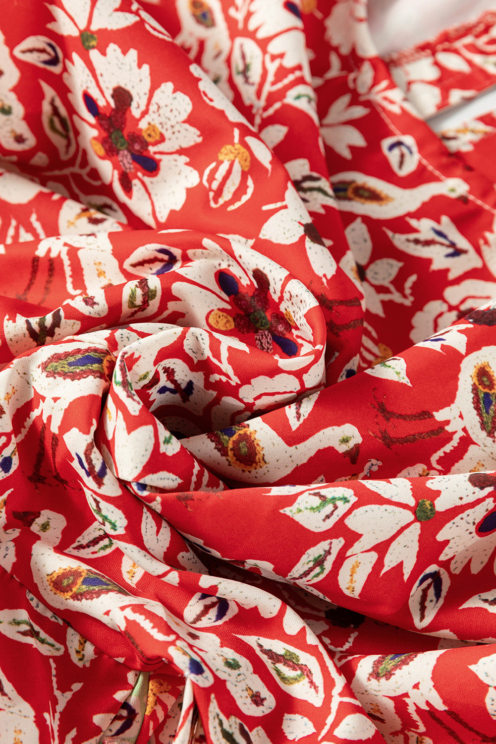 Rood kleurrijke bloemen patchwork lange mouw geplooide mini -jurk