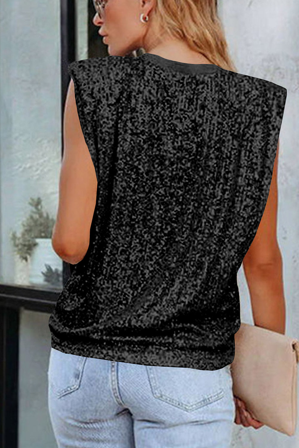 Zwarte abrikozen tanktop met ronde hals en pailletten