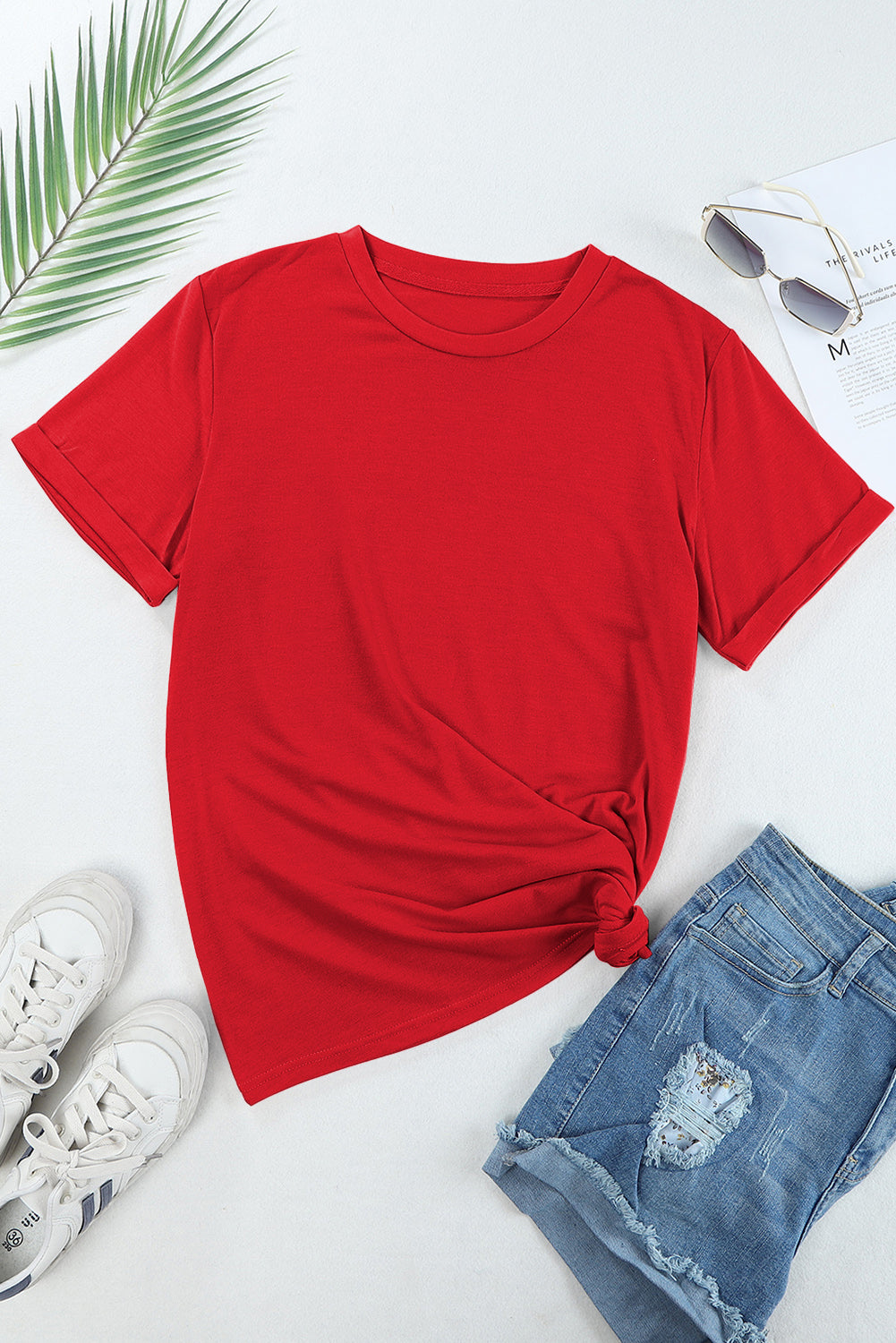 Rood casual effen T-shirt met ronde hals