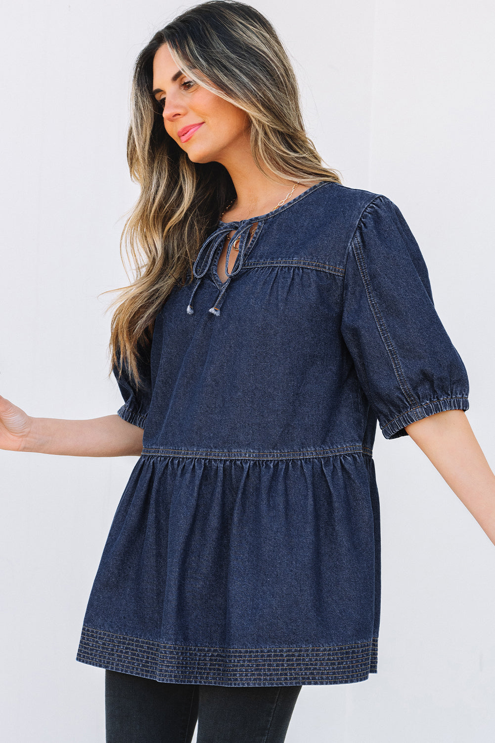 Zeil blauwe puff mouw veter halslijn splicing denim blouse