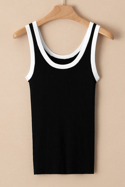 Zwarte geribbelde tanktop met U-hals en geribde rand met zwarte colorblock-rand