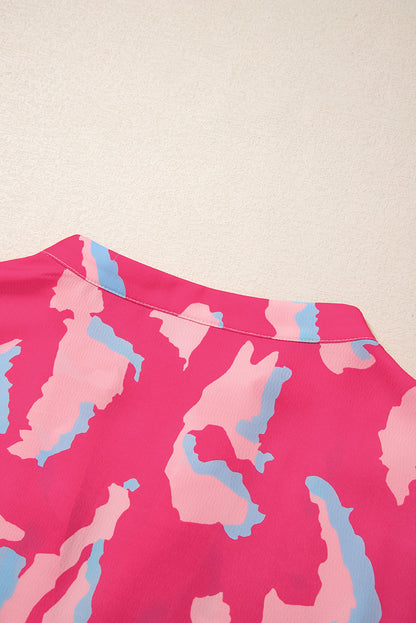 Gesmokte blouse met V-hals en pofmouwen met rozen-abstracte print