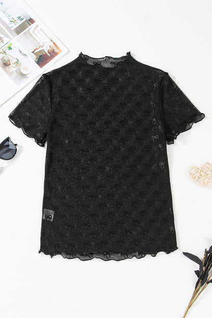 Black Bowknot Sheer Mesh Mock Neck Settuce Trim Short Sleeve Top