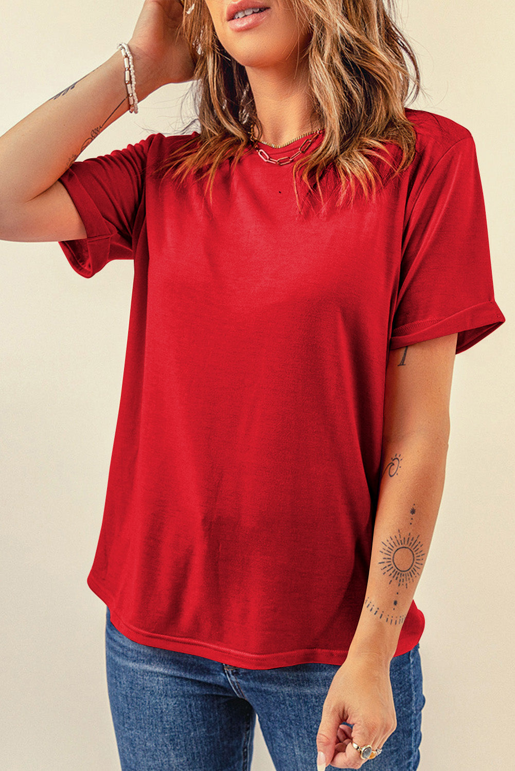 Rood casual effen T-shirt met ronde hals