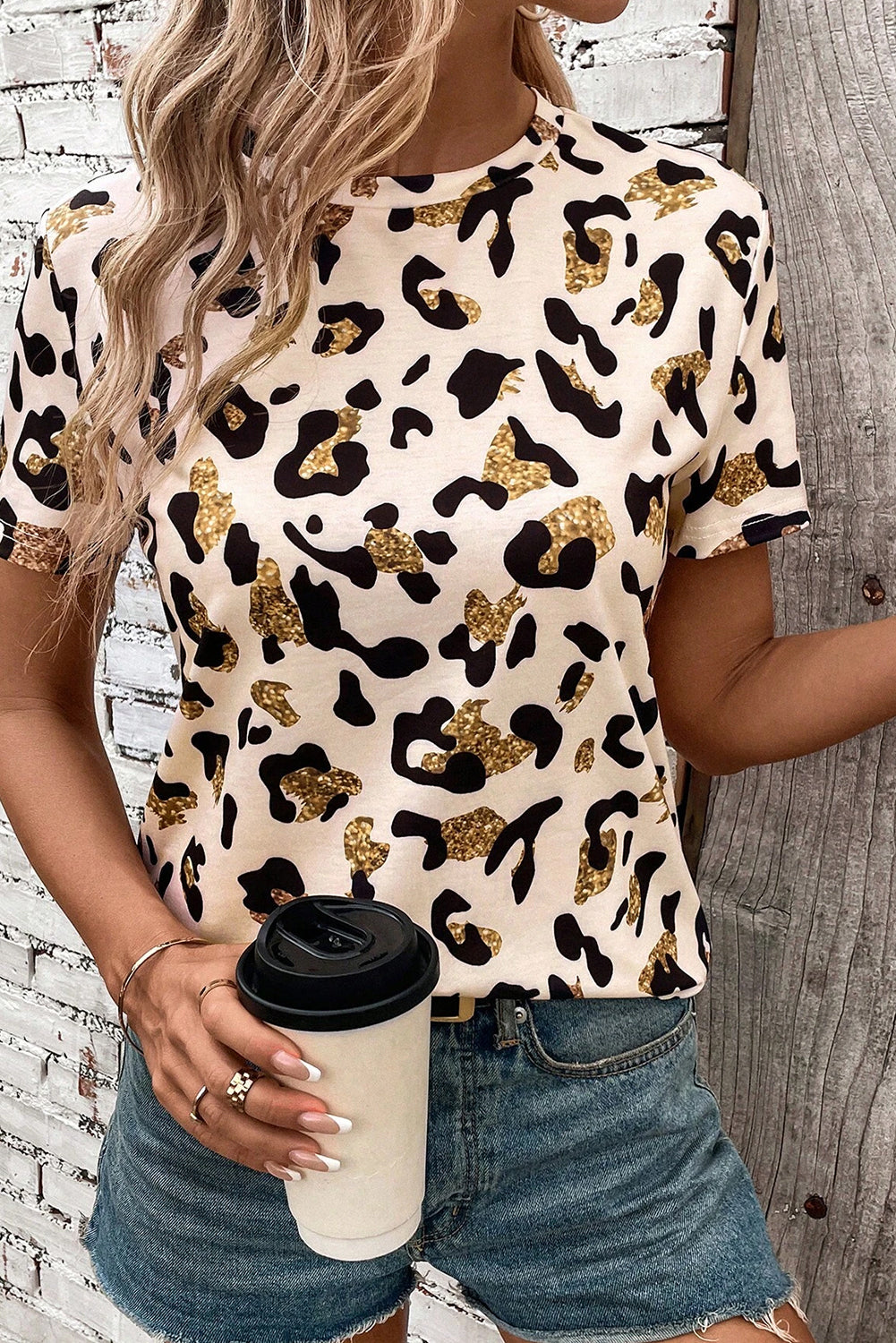 Abrikoos luipaard afdruk ronde nek casual t -shirt