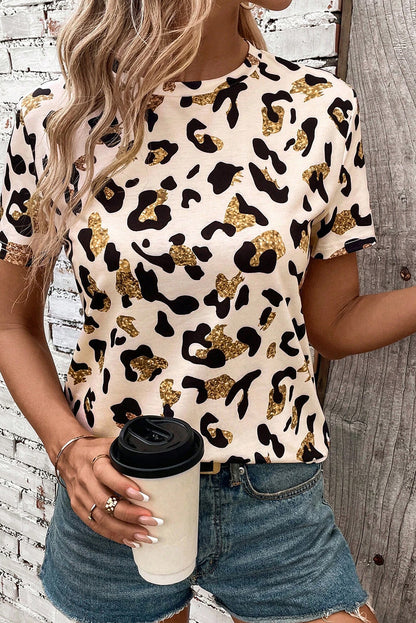 Abrikoos luipaard afdruk ronde nek casual t -shirt