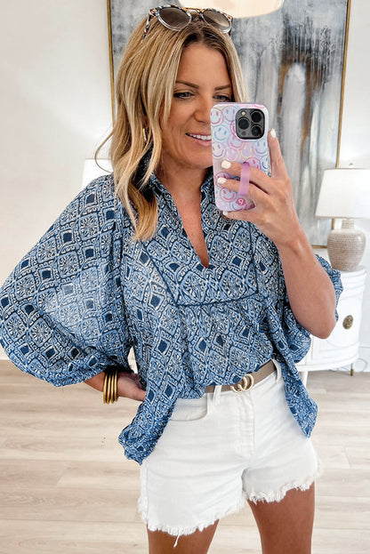 Hemelblauw westerse geometrische print fromed v nek losse fit blouse