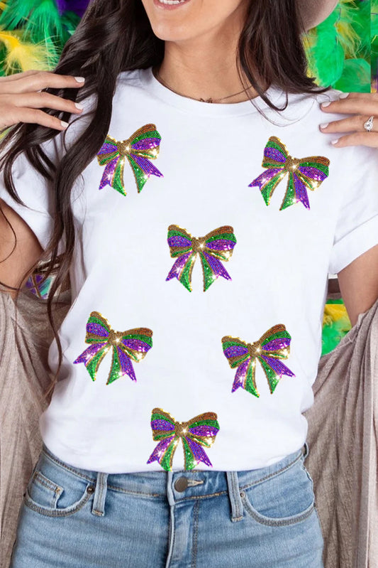 Witte pailletten mardi gras boog grafisch crewneck tee