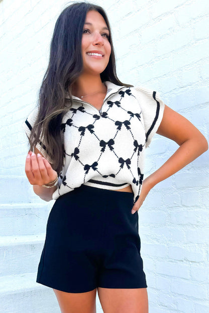 Zwart preppy vibes boogafdruk met ritssluiting van kraag trui