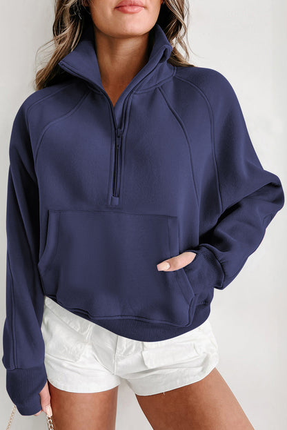 Smoke Green Fleece Lined Zip Up Stand Collar Thumbhole Sleeve Sweatshirt