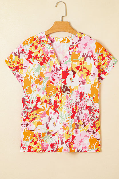 Witte Boho bloemenprint top met V-hals en korte mouwen