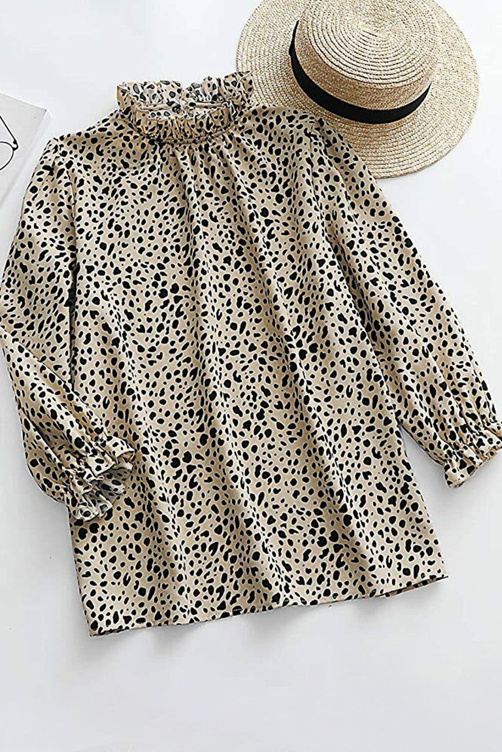Kaki Cheetah-blouse met 3/4 mouwen en ruches aan de hals
