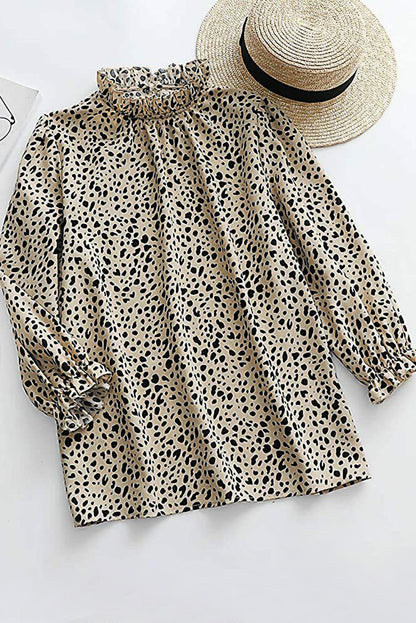 Kaki Cheetah-blouse met 3/4 mouwen en ruches aan de hals