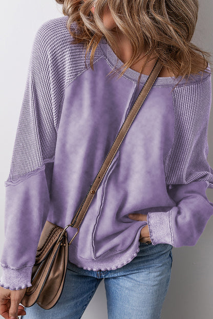 Zeil blauw massief wafel gebreide patchwork raglan mouw sweatshirt