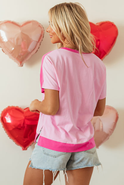 Roze tweekleurige halve knoppen Collared t -shirt