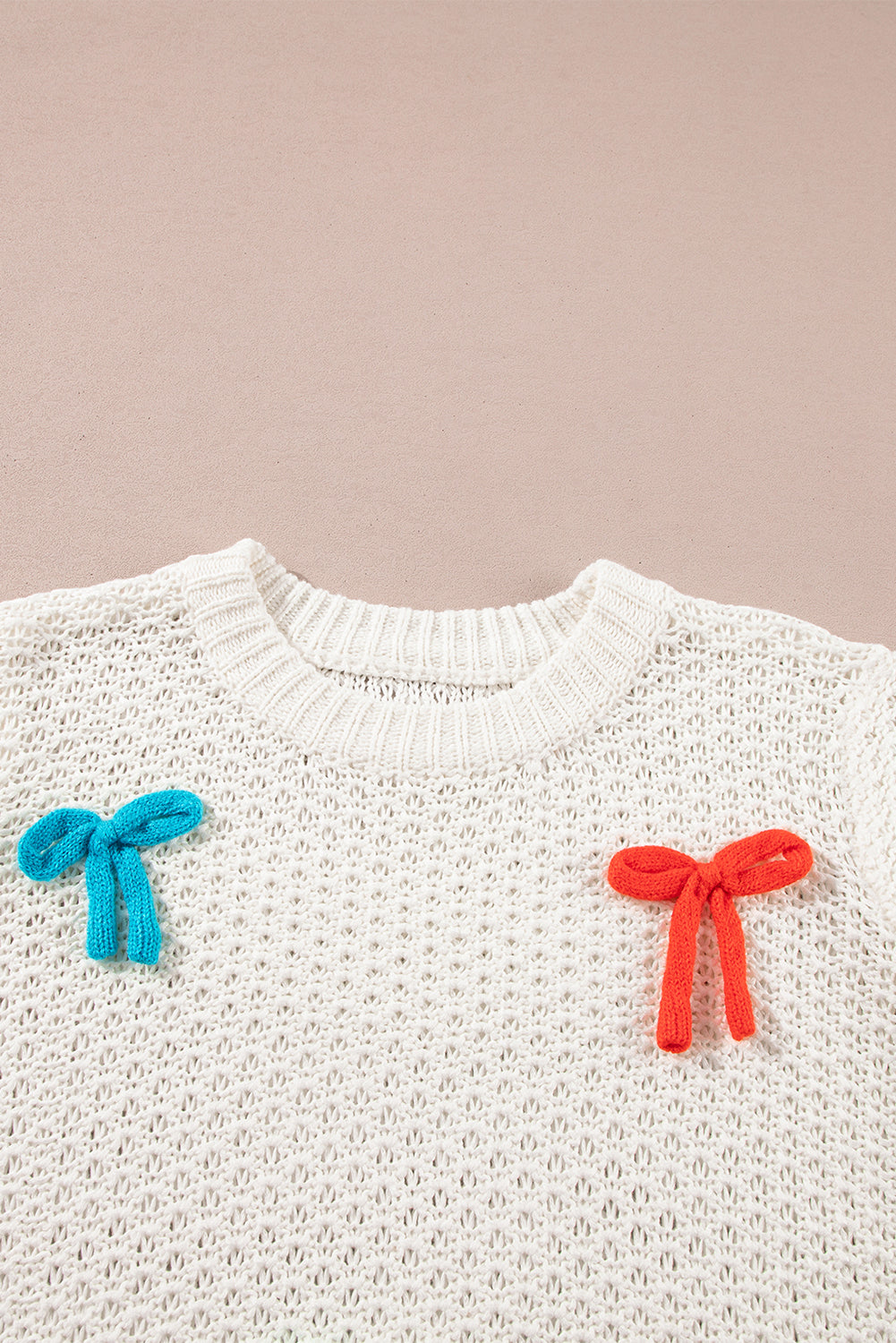 Wit kleurrijke boog gebreide mockhals sweater met korte mouwen