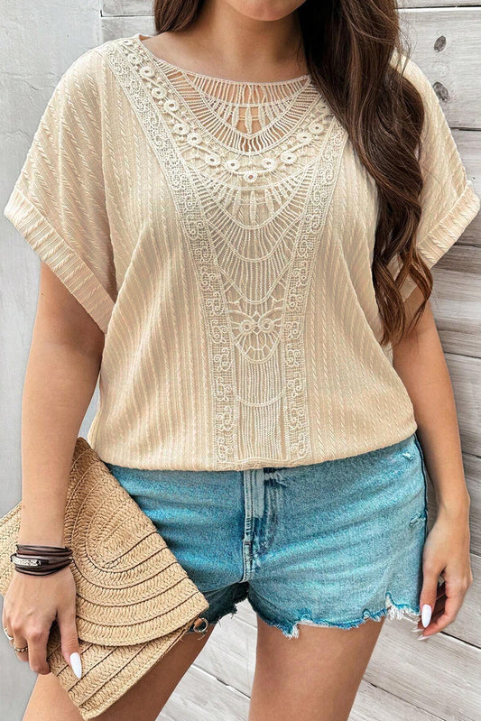 Beige kanten haakpatchet gepatchte kabel textured gebufferd gebufferde korte mouw plus size top