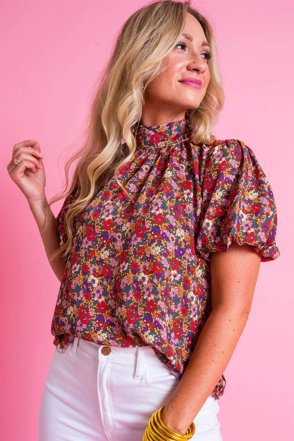 Paarse bloemenprint geknoopte blouse met hoge hals en pofmouwen
