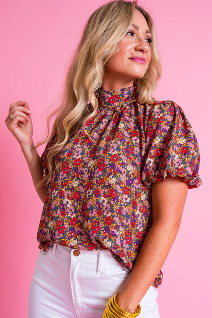 Paarse bloemenprint geknoopte blouse met hoge hals en pofmouwen