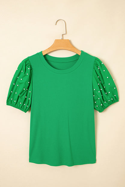 Bright Green Ribbed Pearl Beaded Puff Sleeve Top