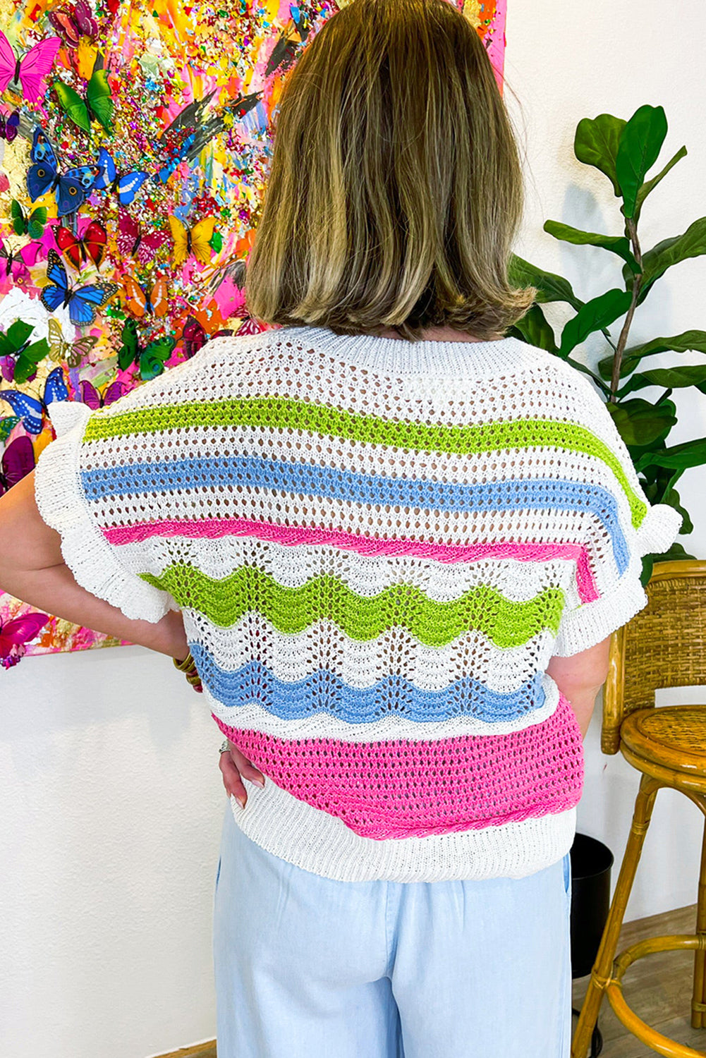 Witte colorblock gehaakte trui met ruches en korte mouwen