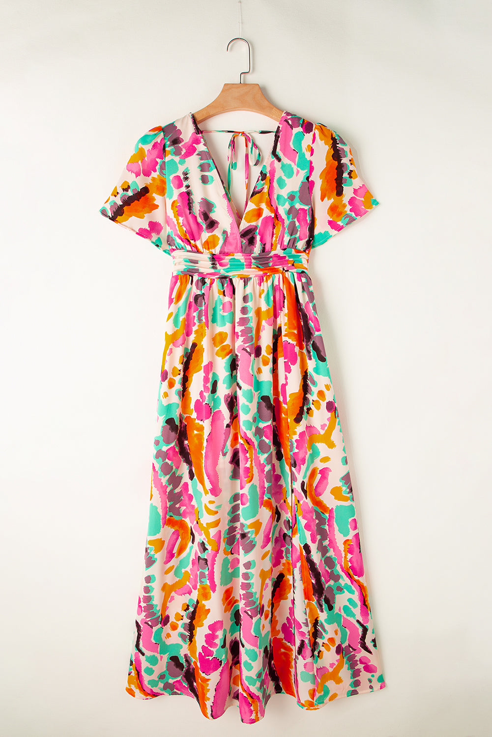 Roze maxi-jurk met boho tie-dye print en V-hals