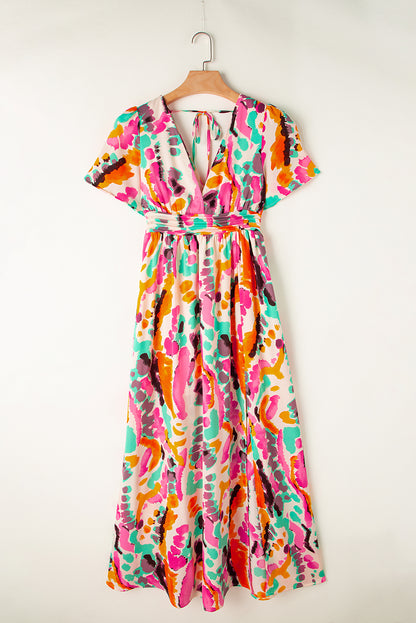 Roze maxi-jurk met boho tie-dye print en V-hals