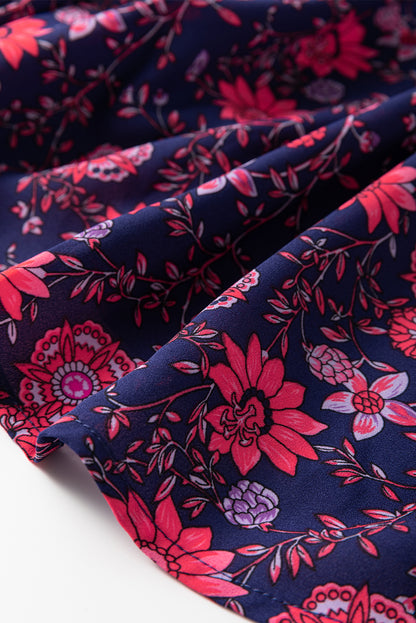 Paarse bloemen halve mouw splithals blouse top