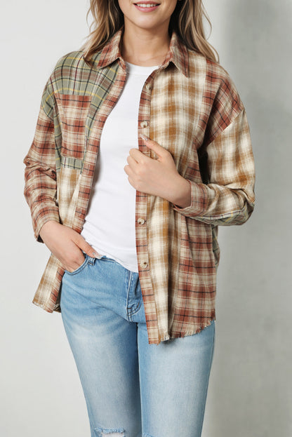Bruin multi-geruit casual overhemd met ruwe rand en patchwork