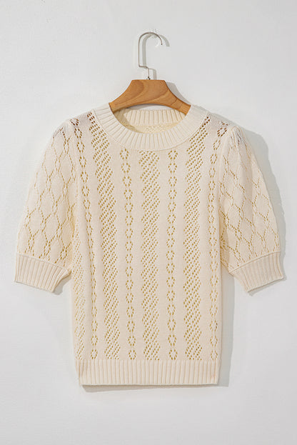 Beige uitgehold patroon gebreide korte puff mouw trui