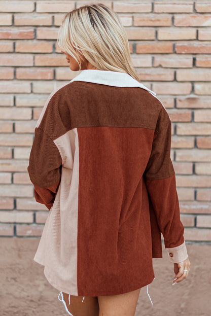 Kaneel Colorblock Corduroy shacket met gebogen zoom en zak