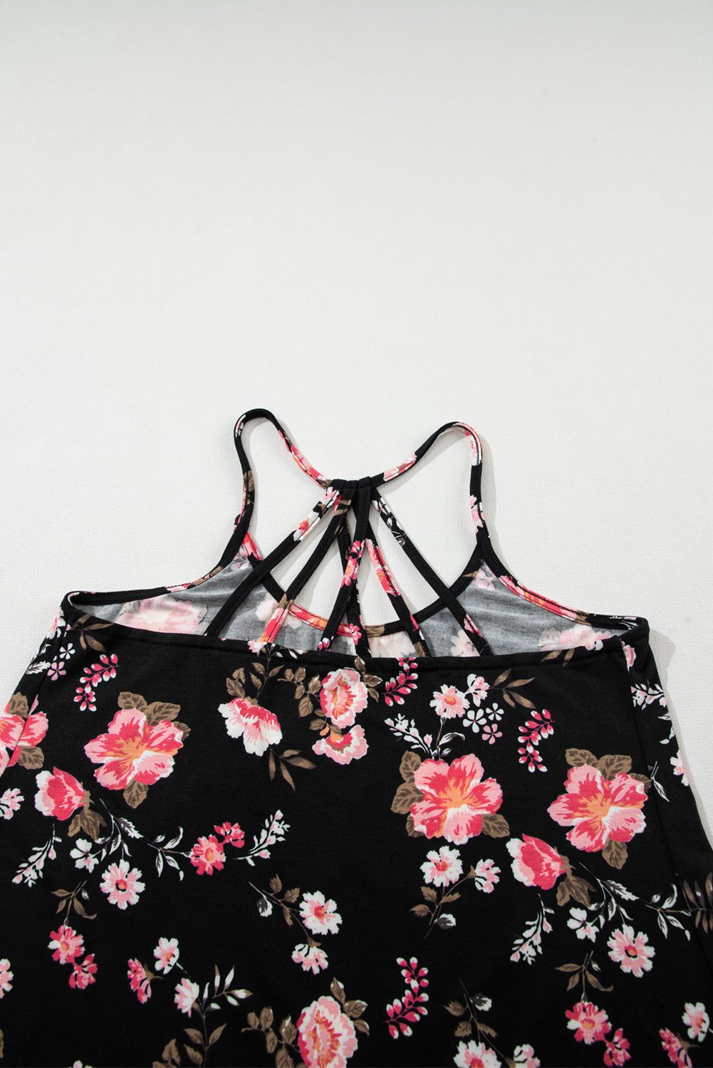 Zwarte bloemen spaghettibandjes tanktop met bandjes op de rug