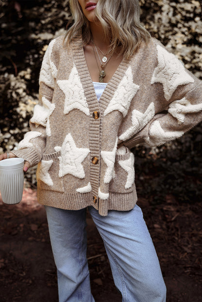 Kaki vest met sherpa-sweater met sterrenpatroon en zakken