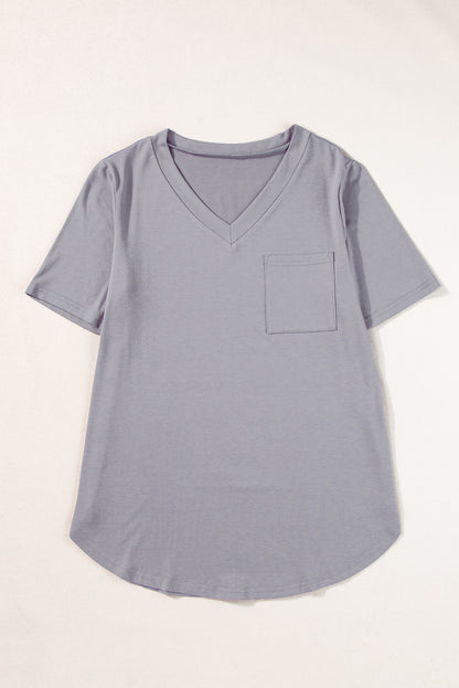 Middelgrijs T-shirt met V-hals en ronde zoom