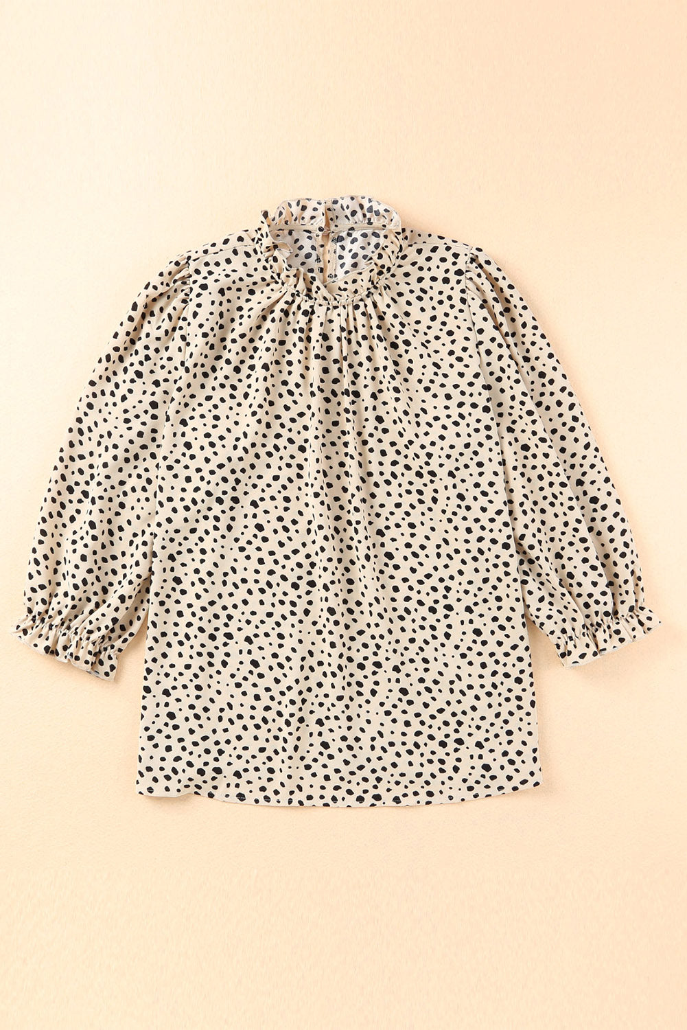 Kaki Cheetah-blouse met 3/4 mouwen en ruches aan de hals