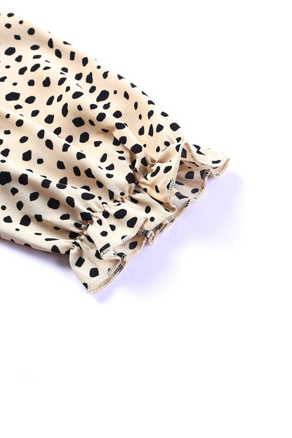 Kaki Cheetah-blouse met 3/4 mouwen en ruches aan de hals