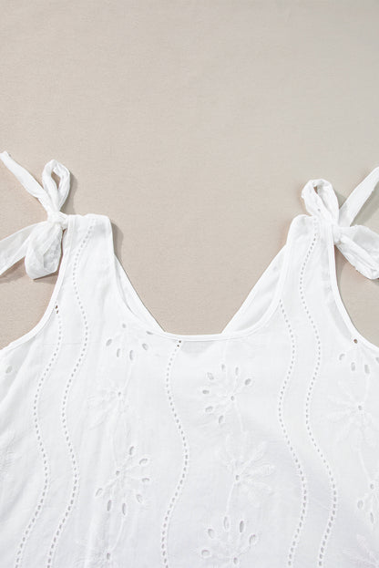 Witte tanktop met geknoopte bandjes en V-hals met borduurmotief