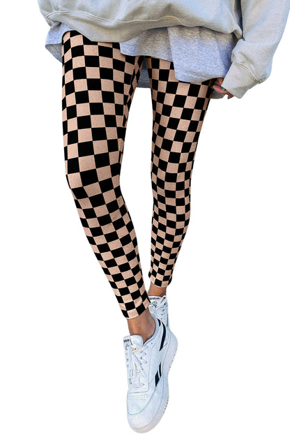 Khaki geruite patroon hoge taille magere leggings