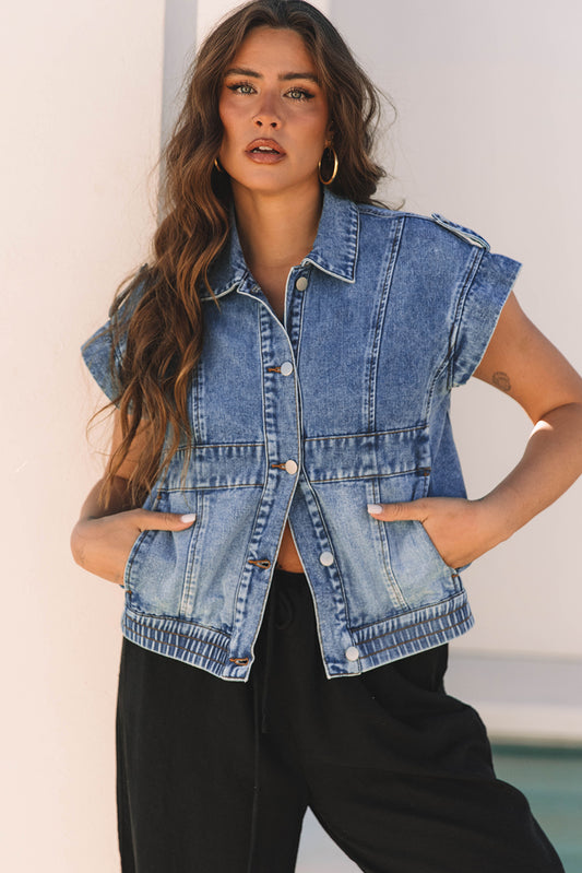 Ashleigh blauw zuur wassen elastische zoom knop omhoog denimvest