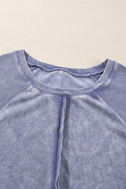 Zeil blauw massief wafel gebreide patchwork raglan mouw sweatshirt