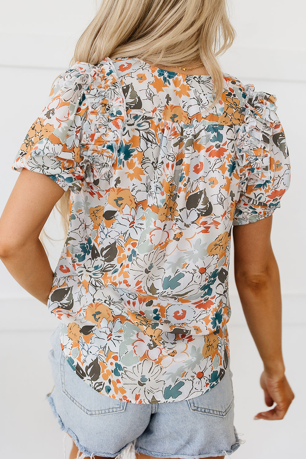 Veelkleurige blouse met split en V-hals, pofmouwen en bloemenprint