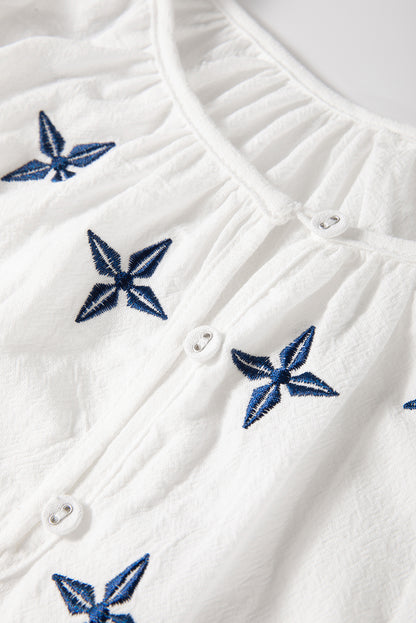 Wit geometrische geborduurde blouse met lange mouwen met knoop