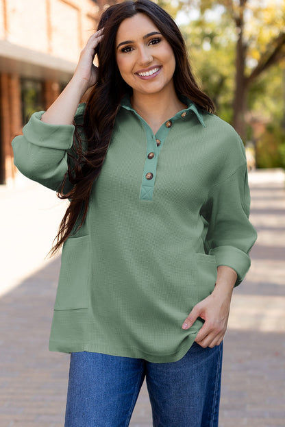 Jet Stream Waffle Long Sleeve Collar Half Button Loose Top