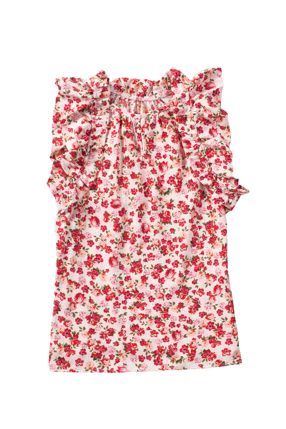 Vurige rode bloemenprint mouwloze top met ruches en nephals