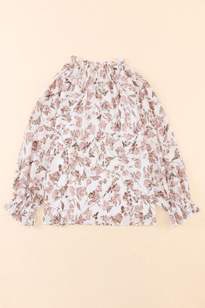 Boho bloemenprint blouse met split-V-hals en bubbelmouwen